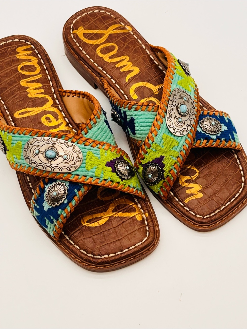 Sam Edelman Brown Embordered Slide Sandals Concho Turquoise Multicolor 6.5 - Picture 2 of 8